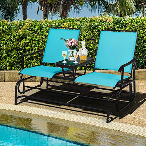 Giantex Patio Bench Glider Chair with Metal Frame, Center Tempered Glass Table, Outside Double Rocking Swing Loveseat for Porch, Garden, Poolside, Balcony, Lawn Rocker Outdoor Glider Bench(Turquoise)