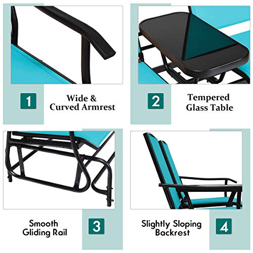 Giantex Patio Bench Glider Chair with Metal Frame, Center Tempered Glass Table, Outside Double Rocking Swing Loveseat for Porch, Garden, Poolside, Balcony, Lawn Rocker Outdoor Glider Bench(Turquoise)