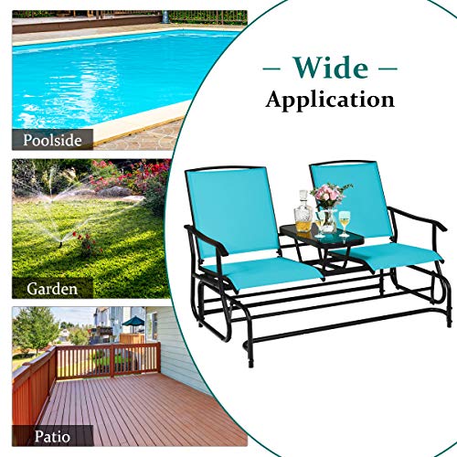 Giantex Patio Bench Glider Chair with Metal Frame, Center Tempered Glass Table, Outside Double Rocking Swing Loveseat for Porch, Garden, Poolside, Balcony, Lawn Rocker Outdoor Glider Bench(Turquoise)