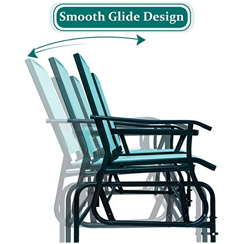 Giantex Patio Bench Glider Chair with Metal Frame, Center Tempered Glass Table, Outside Double Rocking Swing Loveseat for Porch, Garden, Poolside, Balcony, Lawn Rocker Outdoor Glider Bench(Turquoise)