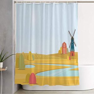 Starobos Shower Curtain Grain Wind Rural Design Summer with Farm Land Landscape Harvest Village Old Windmill Parks Outdoor Home Bathroom Decor Polyester Fabric Waterproof 72 x 72 Inch Set with Hooks