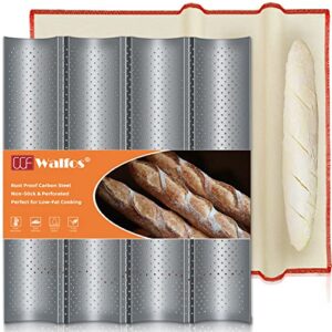 walfos non-stick perforated french baguette bread pan with professional proofing cloth, 15"x 13" french bread baking pan, 4 wave loaves loaf bake mold toast perforated bakers molding