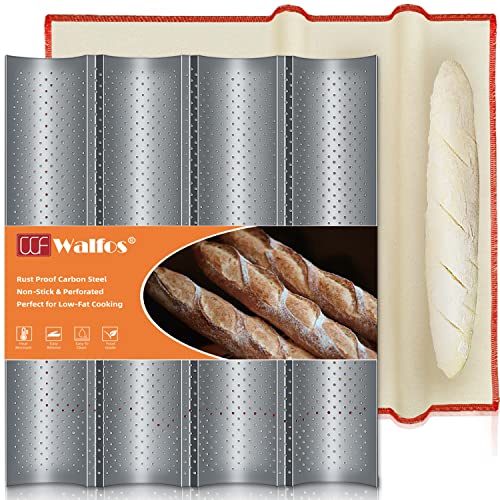 Walfos Non-stick Perforated French Baguette Bread Pan with Professional Proofing Cloth, 15"X 13" French Bread Baking Pan, 4 Wave Loaves Loaf Bake Mold Toast Perforated Bakers Molding