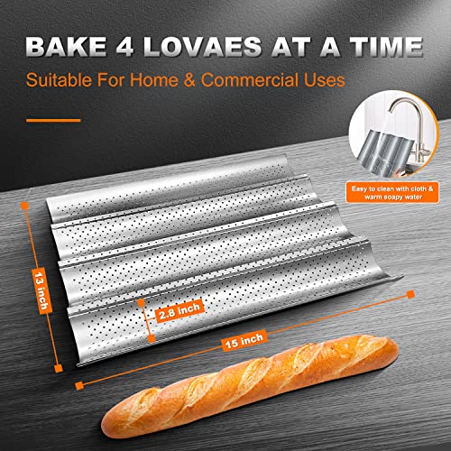 Walfos Non-stick Perforated French Baguette Bread Pan with Professional Proofing Cloth, 15"X 13" French Bread Baking Pan, 4 Wave Loaves Loaf Bake Mold Toast Perforated Bakers Molding