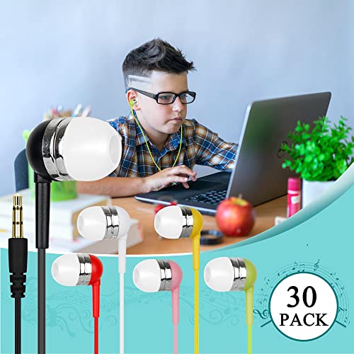 Hi world ZXQZYM 30 Packs Bulk Earbud Headphones for Classroom Kids,Wholesale Earphones Individually Bagged for Students,School,Library,Museums（Multi Color）