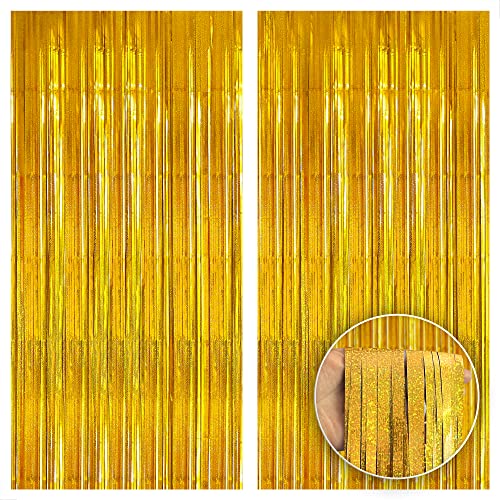 KatchOn, Iridescent Gold Fringe Curtain Backdrop - XtraLarge, 6.4x8 Feet, Pack of 2 | Gold Foil Curtains | Gold Streamer Backdrop Curtain, Gold Backdrop Curtain for Gold Streamers Party Decorations