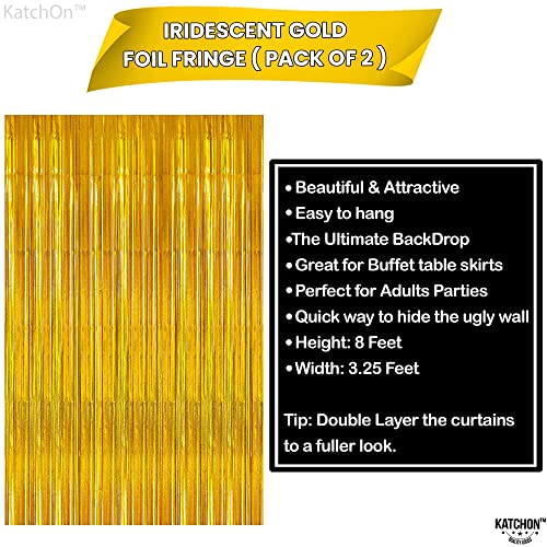 KatchOn, Iridescent Gold Fringe Curtain Backdrop - XtraLarge, 6.4x8 Feet, Pack of 2 | Gold Foil Curtains | Gold Streamer Backdrop Curtain, Gold Backdrop Curtain for Gold Streamers Party Decorations