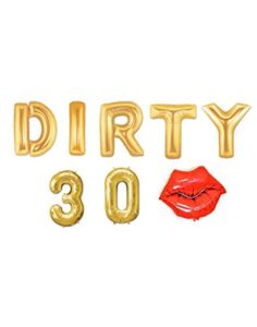 annodeel dirty 30 foil balloons, 16inch gold dirty 30 letter red lips mylar balloons for girl sweet 30th thirty birthday party decor