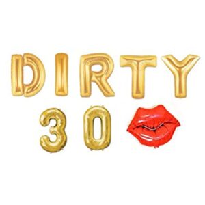 AnnoDeel DIRTY 30 Foil Balloons, 16inch Gold DIRTY 30 Letter Red Lips Mylar Balloons for Girl Sweet 30th Thirty Birthday Party Decor