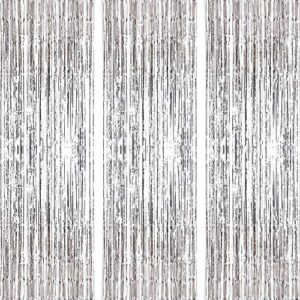 carecheer 3 pack 3.2ft x 6.6ft silver metallic foil fringe backdrop tinsel sparkle door window curtain backdrop for birthday bachelorette wedding christmas new year party decorations