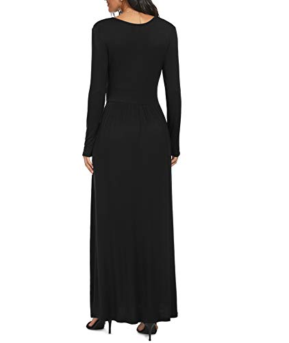 LILBETTER Womens Long Sleeve V-Neck Wrap Waist Maxi Dress(Black XX-Large)