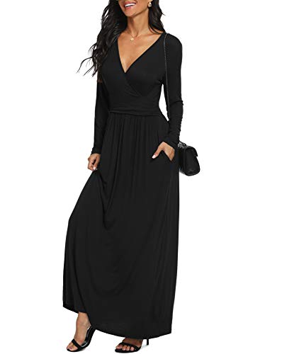 LILBETTER Womens Long Sleeve V-Neck Wrap Waist Maxi Dress(Black XX-Large)