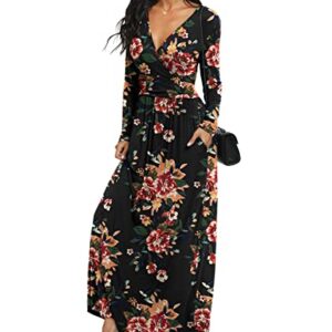 LILBETTER Womens Long Sleeve V-Neck Wrap Waist Maxi Dress(F Brown Floral Black X-Large)