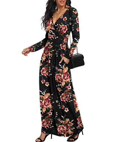 LILBETTER Womens Long Sleeve V-Neck Wrap Waist Maxi Dress(F Brown Floral Black X-Large)