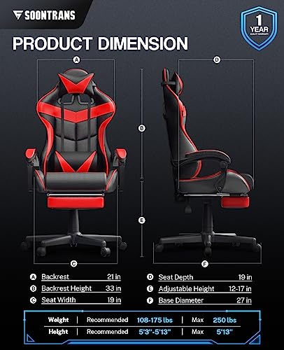 Soontrans Red Gaming Chairs with Footrest,Racing Gaming Chair,Computer Gamer Chair,Ergonomic Game Chair with Adjustable Headrest and Lumbar Support