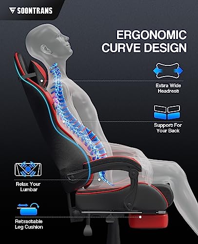 Soontrans Red Gaming Chairs with Footrest,Racing Gaming Chair,Computer Gamer Chair,Ergonomic Game Chair with Adjustable Headrest and Lumbar Support