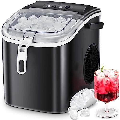 ZAFRO Countertop Portablewith Ice Maker Machine Handle, Mackes up to 26LBS/24H, 9 Cubes in 6 mins，Self -Cleaning Ice Maker with Ice Scoop and Ice Bag（Black）