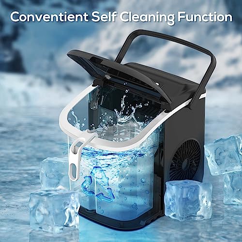 ZAFRO Countertop Portablewith Ice Maker Machine Handle, Mackes up to 26LBS/24H, 9 Cubes in 6 mins，Self -Cleaning Ice Maker with Ice Scoop and Ice Bag（Black）