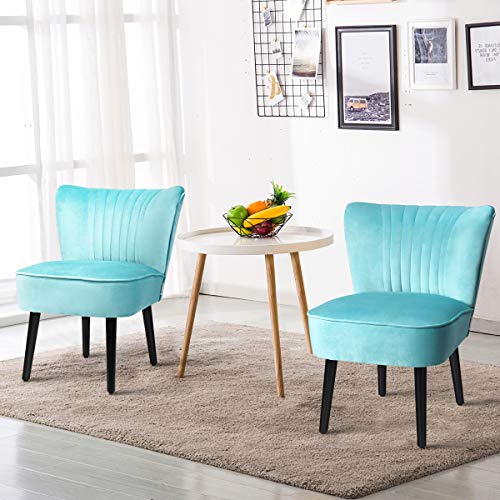 Giantex Set of 2 Velvet Accent Chair, Upholstered Modern Leisure Club Chairs w/Solid Wood Legs, Thick Sponge Seat, Adjustable Foot Pads, Armless Wingback Chairs for Bedroom Living Room (2, Turquoise)