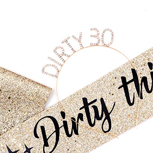 "Dirty Thirty" Sash & Rhinestone Headband Set - 30th Birthday Gifts Birthday Sash for Women Birthday Party Supplies (Gold Glitter/Black)