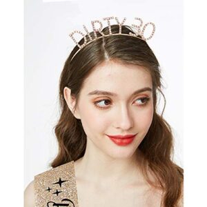 "Dirty Thirty" Sash & Rhinestone Headband Set - 30th Birthday Gifts Birthday Sash for Women Birthday Party Supplies (Gold Glitter/Black)