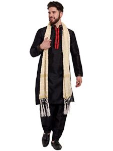 skavij men's art silk kurta pajama and scarf ethnic wedding suit party dress set (small, black)