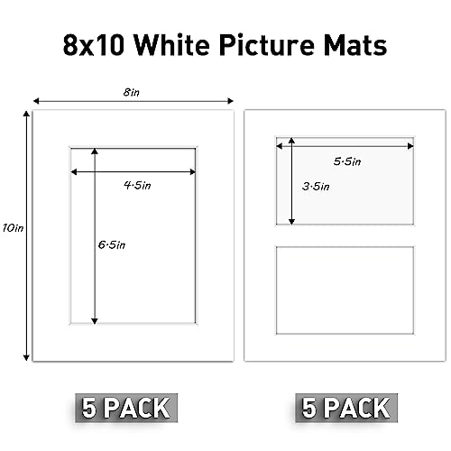 Golden State Art, Pack of 10 White Picture Mats, 5 Pcs 8x10 Mats for 5x7 Photos and 5 Pcs 8x10 Mat for 2 4x6 Photos - Bevel Cut, White Core - Great for Pictures, Photos, Frames, Artworks, Prints