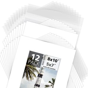 mbc mat board center, set of 12 8x10 white picture mats for 5x7 photos - includes pre-cut white picture mats, backing boards and clear bags - 1/16" thick, white color