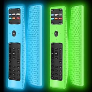 2 pack silicone protective case cover for new xrt136 vizio smart lcd led tv remote control,shockproof xrt136 vizio remote replacement case,soft durable remote bumper back covers-glowblue+glowgreen