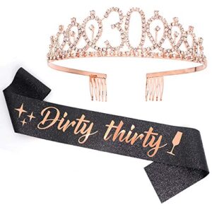 "dirty thirty" sash & rhinestone tiara set - 30th birthday gifts birthday sash for women birthday party supplies (black glitter/rose gold)