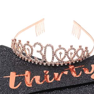"Dirty Thirty" Sash & Rhinestone Tiara Set - 30th Birthday Gifts Birthday Sash for Women Birthday Party Supplies (Black Glitter/Rose Gold)