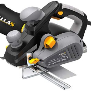 electric planer, jellas 7.5-amp 16500 rpm power hand planer, 3-1/4 inch cut width, dual-dust out system, dual-handle design, blade protector, 2 reversible hss blades and 2 carbon brushes, ep01