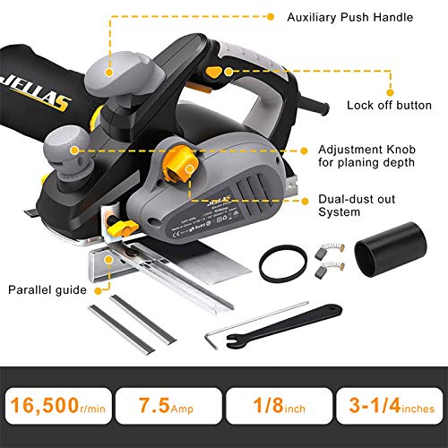 Electric Planer, JELLAS 7.5-Amp 16500 Rpm Power Hand Planer, 3-1/4 Inch Cut Width, Dual-dust out System, Dual-handle Design, Blade Protector, 2 Reversible HSS Blades and 2 Carbon Brushes, EP01