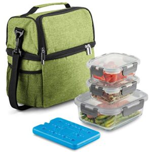 finedine lunch bag with glass containers - insulated lunch box for women and men - leakproof locking lids & ice pack - 2-compartment cooler tote for work (limerick)