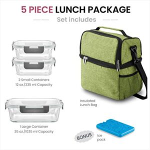 FineDine Lunch Bag with Glass Containers - Insulated Lunch Box for Women and Men - Leakproof Locking Lids & Ice Pack - 2-Compartment Cooler Tote for Work (Limerick)