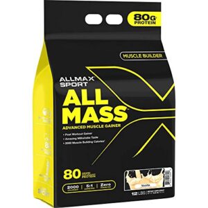 allmax allmass, vanilla - 12 lb - advanced muscle gainer - up to 80 grams of protein per serving - 5:1 carb-to-protein ratio - zero trans fat - up to 57 servings