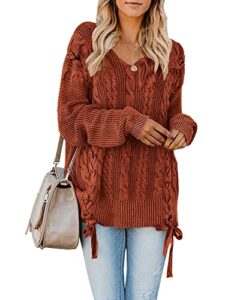 womens pullover sweaters plus size cable knit v neck lace up long sleeve fall jumper tops brick red