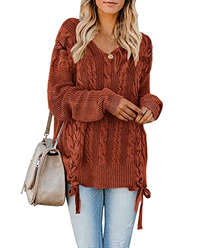 Womens Pullover Sweaters Plus Size Cable Knit V Neck Lace Up Long Sleeve Fall Jumper Tops Brick Red