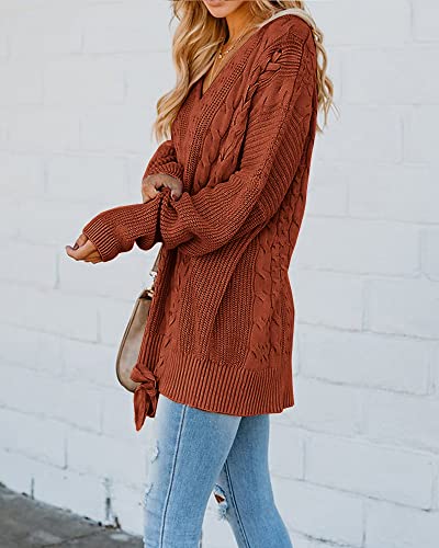 Womens Pullover Sweaters Plus Size Cable Knit V Neck Lace Up Long Sleeve Fall Jumper Tops Brick Red