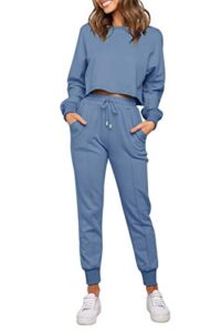 zesica women's long sleeve crop top and pants pajama sets 2 piece jogger long sleepwear loungewear pjs sets,blue,large