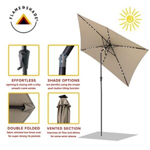 FLAME&SHADE 6.5 x 10 ft Rectangular Solar Powered Outdoor Market Patio Table Umbrella with LED Lights and Tilt, Taupe