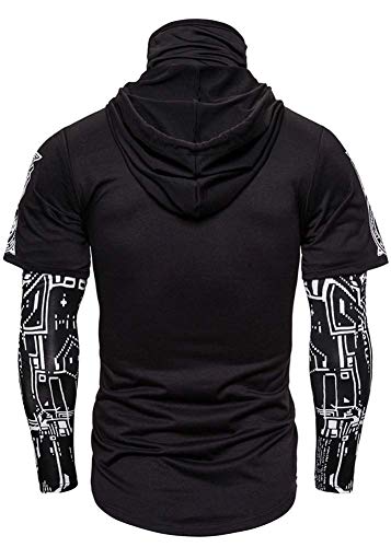 HONIEE Performance Cycling Hoodie with Face Mask 3D Printed False Two-pieces Hooded Long Sleeve Shirt (Black/White, TAG L)