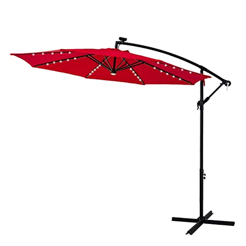 FLAME&SHADE 10 ft Cantilever Offset Solar Powered Outdoor Patio Umbrella with LED Lights and Cross Base Stand, Red