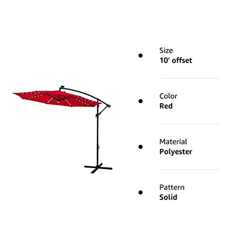 FLAME&SHADE 10 ft Cantilever Offset Solar Powered Outdoor Patio Umbrella with LED Lights and Cross Base Stand, Red