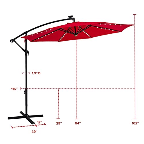 FLAME&SHADE 10 ft Cantilever Offset Solar Powered Outdoor Patio Umbrella with LED Lights and Cross Base Stand, Red