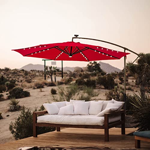 FLAME&SHADE 10 ft Cantilever Offset Solar Powered Outdoor Patio Umbrella with LED Lights and Cross Base Stand, Red