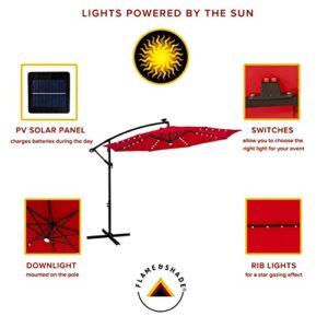 FLAME&SHADE 10 ft Cantilever Offset Solar Powered Outdoor Patio Umbrella with LED Lights and Cross Base Stand, Red