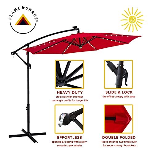 FLAME&SHADE 10 ft Cantilever Offset Solar Powered Outdoor Patio Umbrella with LED Lights and Cross Base Stand, Red