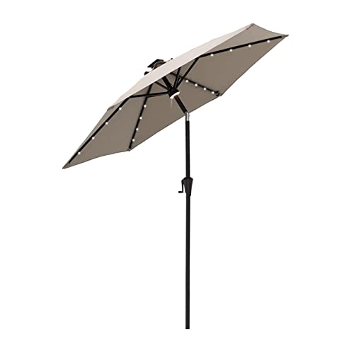 FLAME&SHADE 7.5 ft Solar Powered Outdoor Market Patio Table Umbrella with LED Lights and Tilt, Taupe