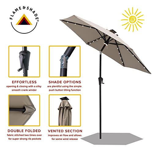 FLAME&SHADE 7.5 ft Solar Powered Outdoor Market Patio Table Umbrella with LED Lights and Tilt, Taupe